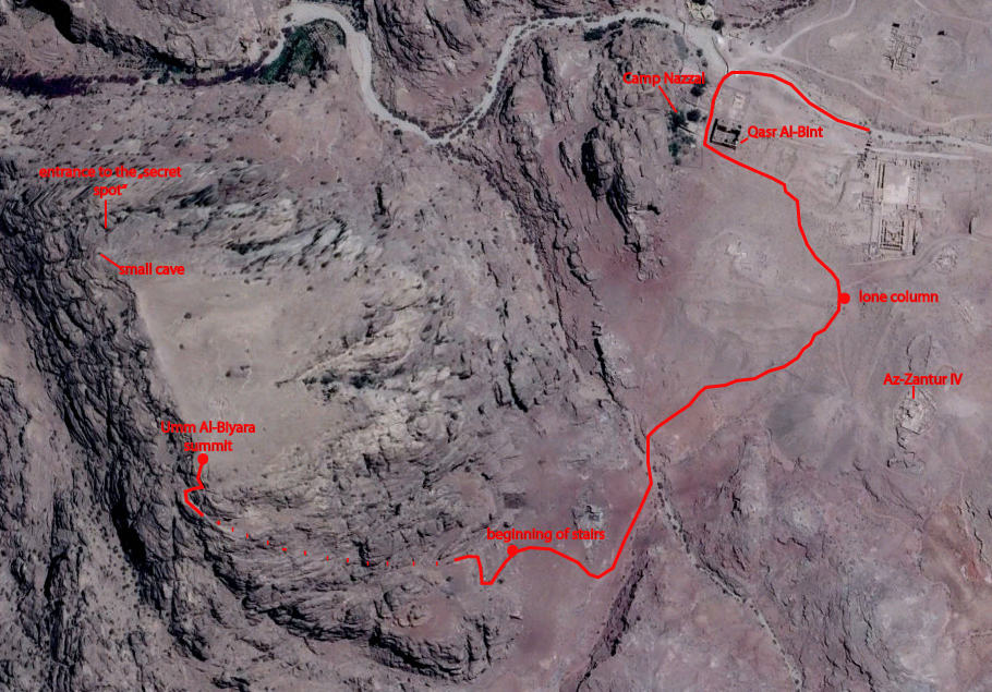 A Google Earth image showing the path from Petra’s Colonnaded Street to the well-hidden staircase that leads to the summit of Umm Al-Biyara. Also highlighted is the location of a “secret” spot on Umm Al-Biyara featuring intriguing Nabataean carvings.