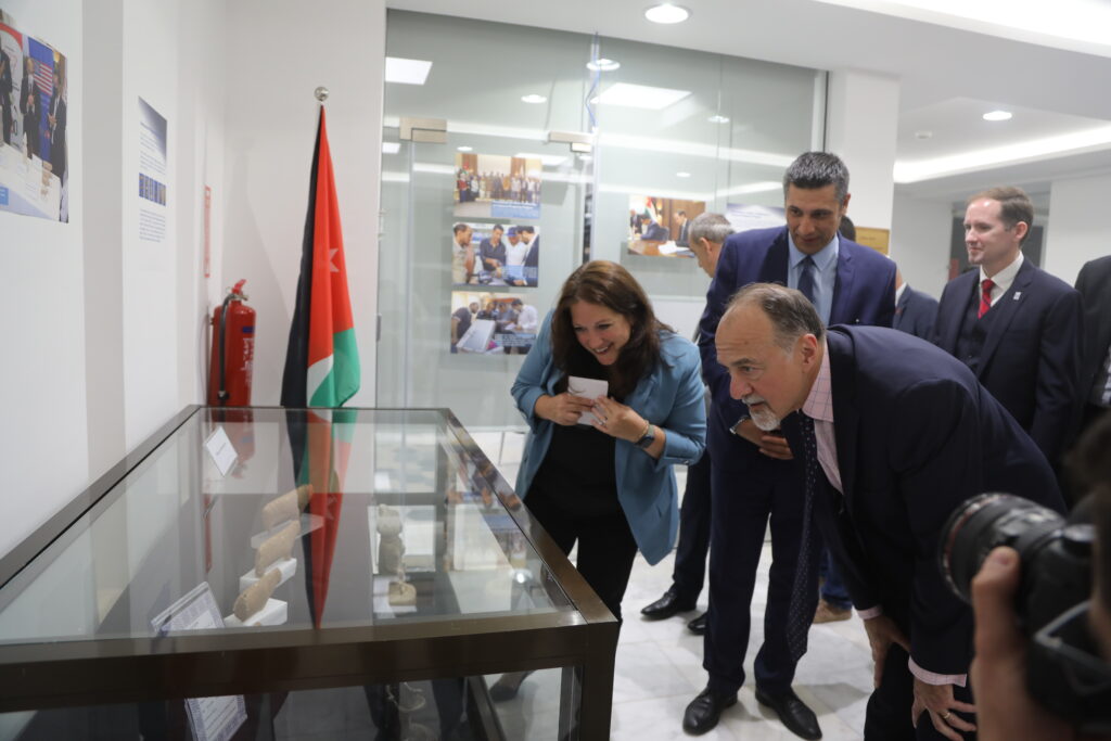 Jennifer Gavito (Deputy Assistant Secretary of State), Henry T. Wooster (U.S. Ambassador to Jordan), Prof. Fadi Bala’awi (Director General of the Department of Antiquities), and Dr. Pearce Paul Creasman (Executive Director of the American Center of Research) viewing trafficked artifacts repatriated to Jordan from the United States