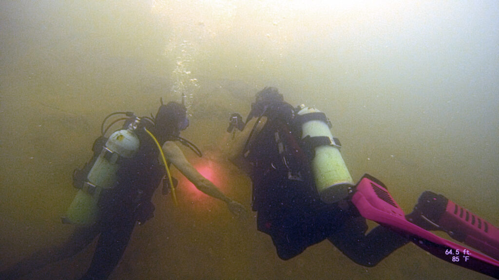 Working at 'Ain az-Zara/Kallirhoe underwater in the Dead Sea at a depth of 64.4 feet/19.7 meters, 2023.